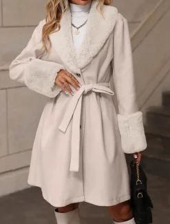 Women's Winter Coat Windproof Warm Buttons With Belt Fur Collar Elegant Outdoor Solid Color Work Casual Single Breasted Turndown Loose Fit Long Sleeve Outerwear Khaki Apricot Fall Winter