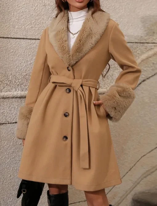Women's Winter Coat Windproof Warm Buttons With Belt Fur Collar Elegant Outdoor Solid Color Work Casual Single Breasted Turndown Loose Fit Long Sleeve Outerwear Khaki Apricot Fall Winter
