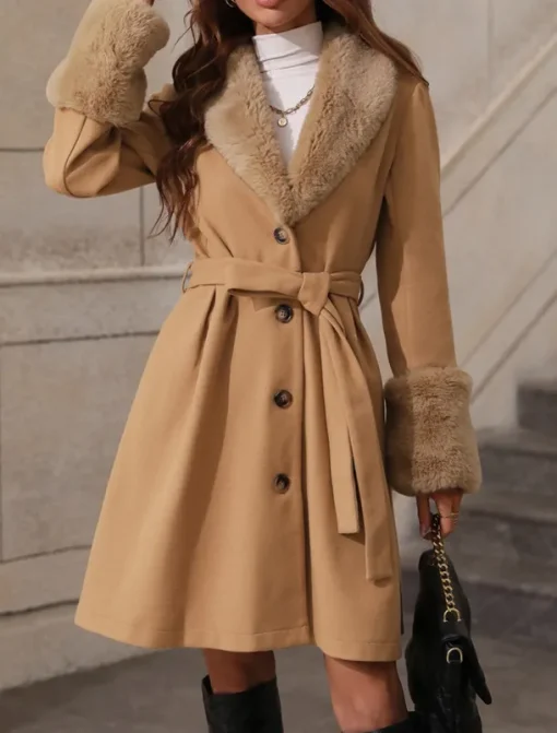 Women's Winter Coat Windproof Warm Buttons With Belt Fur Collar Elegant Outdoor Solid Color Work Casual Single Breasted Turndown Loose Fit Long Sleeve Outerwear Khaki Apricot Fall Winter