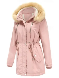 Women's Winter Coat Windproof Warm Zipper Buttons Outdoor Solid Color Work Casual Single Breasted Hoodie Loose Fit Long Sleeve Outerwear Black Pink Wine Winter