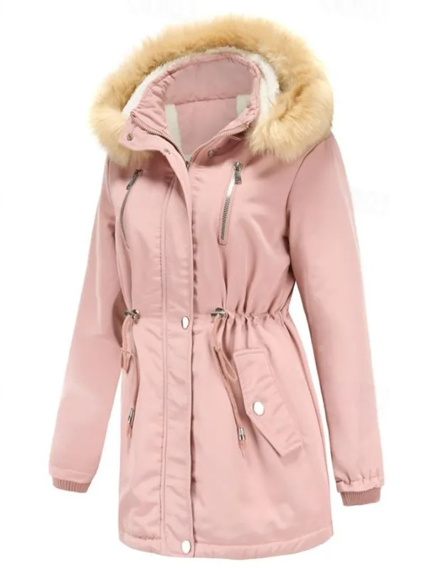 Women's Winter Coat Windproof Warm Zipper Buttons Outdoor Solid Color Work Casual Single Breasted Hoodie Loose Fit Long Sleeve Outerwear Black Pink Wine Winter