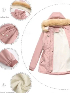 Women's Winter Coat Windproof Warm Zipper Buttons Outdoor Solid Color Work Casual Single Breasted Hoodie Loose Fit Long Sleeve Outerwear Black Pink Wine Winter