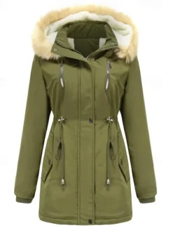 Women's Winter Coat Windproof Warm Zipper Buttons Outdoor Solid Color Work Casual Single Breasted Hoodie Loose Fit Long Sleeve Outerwear Black Pink Wine Winter