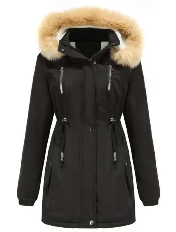 Women's Winter Coat Windproof Warm Zipper Buttons Outdoor Solid Color Work Casual Single Breasted Hoodie Loose Fit Long Sleeve Outerwear Black Pink Wine Winter