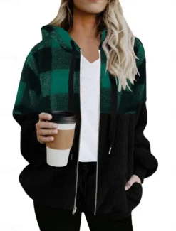 Women's Winter Coat Winter Jacket Teddy Coat Hoodie Jacket Outdoor Street Daily Fall Winter Regular Coat Regular Fit Warm Breathable Comtemporary Stylish Jacket Long Sleeve Stripes and Plaid with