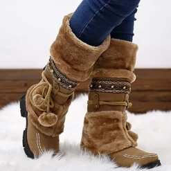 Women's Winter Faux Fur Boots with Decorative Pom-Poms and Beaded Trim - Perfect for Cold Weather and Casual Wear