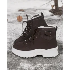 Women's Winter High-Top Sneakers with Fur Lining – Warm Lace-Up Ankle Boots with Chunky Sole and Buckle Detail for Casual Outdoor Wear