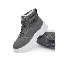 Women's Winter High-Top Sneakers with Fur Lining – Warm Lace-Up Ankle Boots with Chunky Sole and Buckle Detail for Casual Outdoor Wear