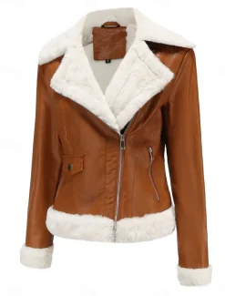 Women's Winter Jacket Fleece Jacket Warm Breathable Zipper Pocket Fleece Lined Casual Plain Vacation Street Daily Wear Going out Zipper Short Turndown Regular Fit Long Sleeve Outerwear Black Royal
