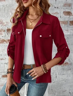 Women's Winter Jacket Outdoor Street Daily Wear Fall Winter Short Coat Regular Fit Thermal Warm Breathable Stylish Casual Jacket Long Sleeve Plain with Pockets Full Zip Wine Blue Gray
