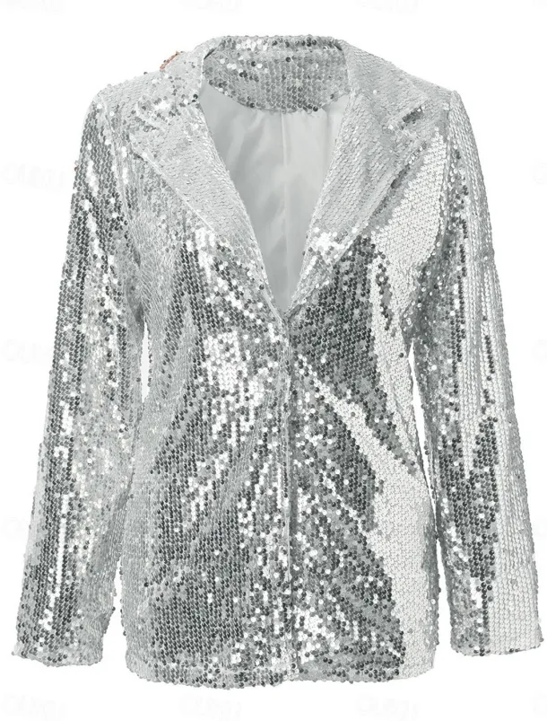 Women's Winter Jacket Party Outdoor Street Fall Winter Regular Coat Regular Fit Thermal Warm Breathable Stylish Casual Jacket Long Sleeve Plain Sequins Silver Red Gold
