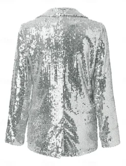 Women's Winter Jacket Party Outdoor Street Fall Winter Regular Coat Regular Fit Thermal Warm Breathable Stylish Casual Jacket Long Sleeve Plain Sequins Silver Red Gold
