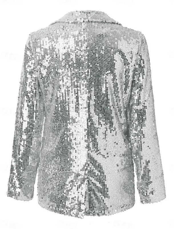 Women's Winter Jacket Party Outdoor Street Fall Winter Regular Coat Regular Fit Thermal Warm Breathable Stylish Casual Jacket Long Sleeve Plain Sequins Silver Red Gold