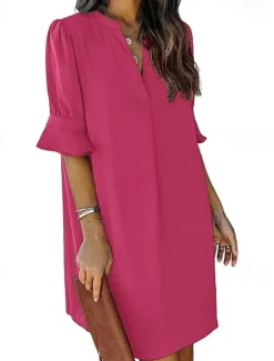 Women's Work Dress A Line Dress Tunic Dress Fashion Office Workfashion Mini Dress Ruffle V Neck Half Sleeve Plain Loose Fit Blue Rose Beige Summer Spring S M L XL 2XL