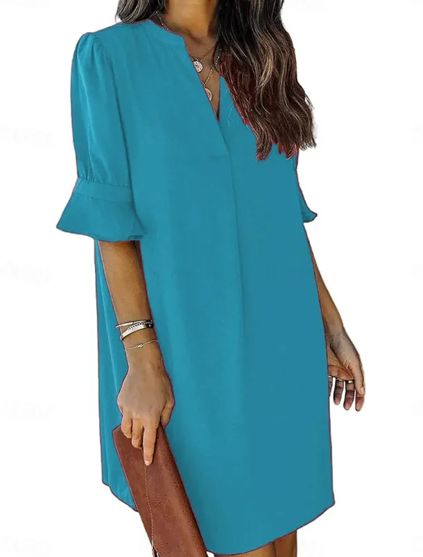 Women's Work Dress A Line Dress Tunic Dress Fashion Office Workfashion Mini Dress Ruffle V Neck Half Sleeve Plain Loose Fit Blue Rose Beige Summer Spring S M L XL 2XL