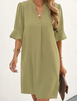 Women's Work Dress A Line Dress Tunic Dress Fashion Office Workfashion Mini Dress Ruffle V Neck Half Sleeve Plain Loose Fit Blue Rose Beige Summer Spring S M L XL 2XL