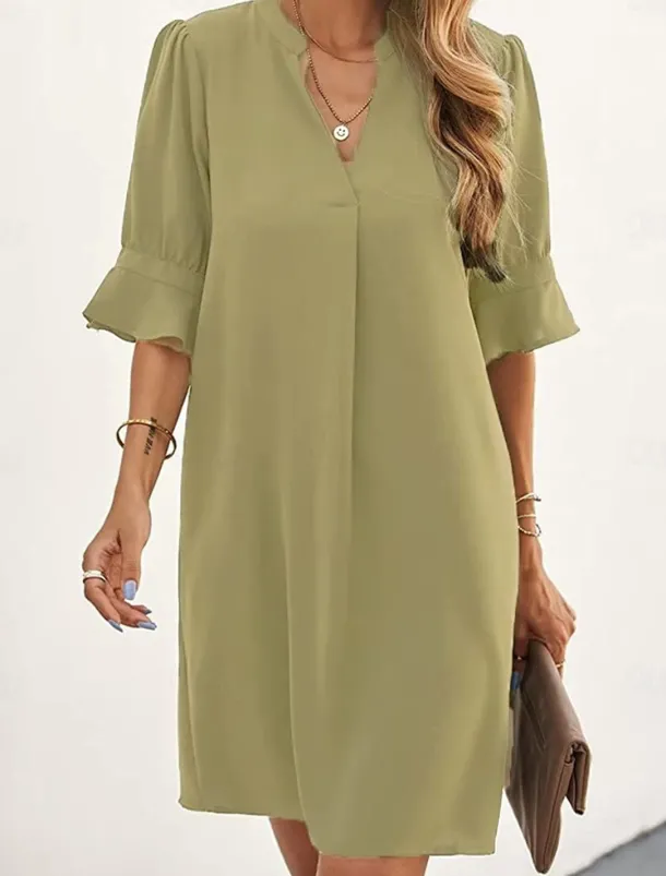 Women's Work Dress A Line Dress Tunic Dress Fashion Office Workfashion Mini Dress Ruffle V Neck Half Sleeve Plain Loose Fit Blue Rose Beige Summer Spring S M L XL 2XL