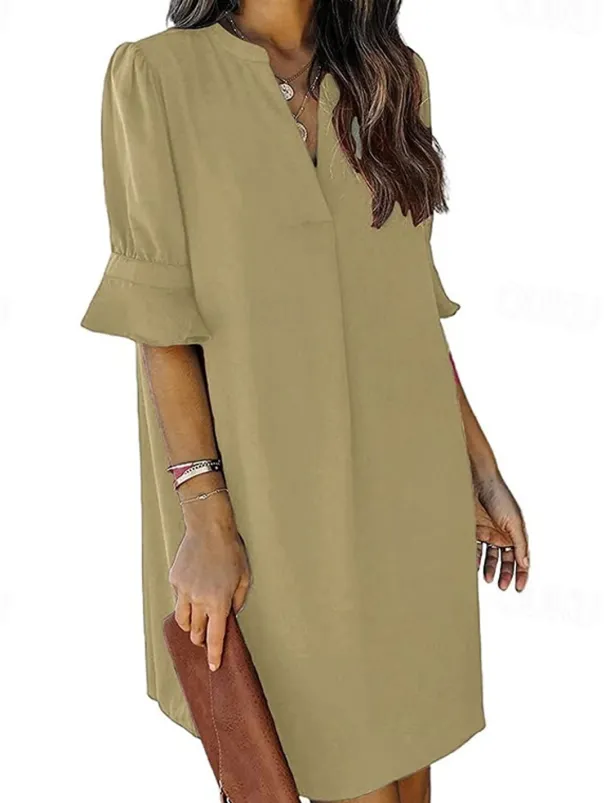 Women's Work Dress A Line Dress Tunic Dress Fashion Office Workfashion Mini Dress Ruffle V Neck Half Sleeve Plain Loose Fit Blue Rose Beige Summer Spring S M L XL 2XL
