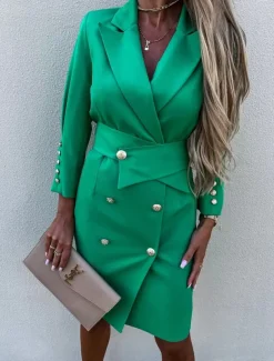 Women's Work Dress Blazer Dress Sheath Dress Fashion Office Daily Mini Dress Double Breasted Shirt Collar Long Sleeve Plain Loose Fit Black White Green Fall Winter S M L XL