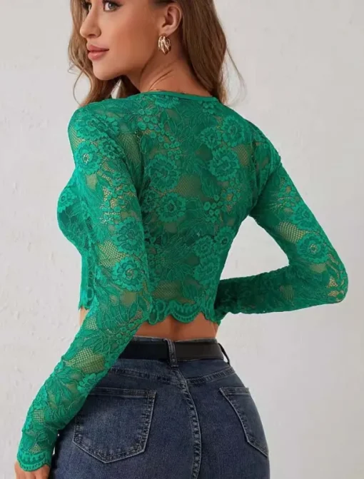 Women's Wrap Crop Top Sexy Long Sleeve Crew Neck Crop Tops Lace White Dark Green Summer Spring