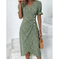 Women's Wrap Dress Floral Ditsy Floral Button Print V Neck Midi Dress Classic Daily Vacation Short Sleeve Summer Spring