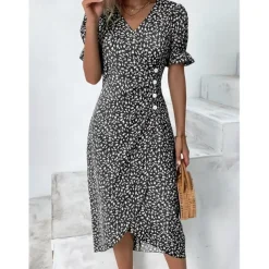 Women's Wrap Dress Floral Ditsy Floral Button Print V Neck Midi Dress Classic Daily Vacation Short Sleeve Summer Spring