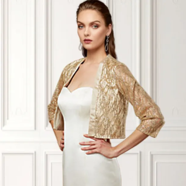 Women's Wrap Sparkle Bolero Elegant & Luxurious Shine 3/4 Length Sleeve Sequined Wedding Guest Wraps With Paillette For Wedding Spring & Fall dress to impress