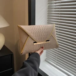 Women's Yellow Croc-Embossed Envelope Clutch with Metal Handle and Textured Faux Leather, Bold Evening Bag for Cocktail Parties, Weddings and Night Out