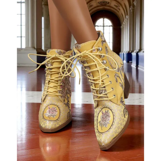 Women's Yellow Jacquard Lace-Up Ankle Boots with Chunky Heels - Late 19th Century Victorian Style Baroque Short Boots for Ladies, Ideal for Fall Outfits, Costume Parties, and Comfortable Walking