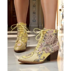 Women's Yellow Jacquard Lace-Up Ankle Boots with Chunky Heels - Late 19th Century Victorian Style Baroque Short Boots for Ladies, Ideal for Fall Outfits, Costume Parties, and Comfortable Walking