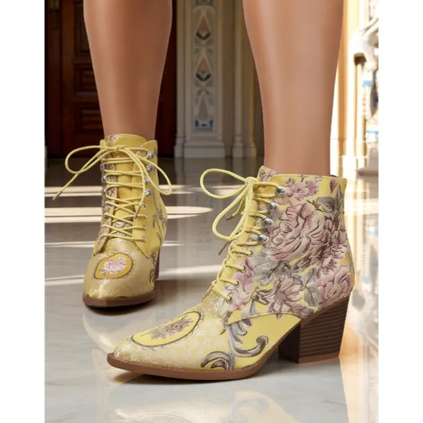 Women's Yellow Jacquard Lace-Up Ankle Boots with Chunky Heels - Late 19th Century Victorian Style Baroque Short Boots for Ladies, Ideal for Fall Outfits, Costume Parties, and Comfortable Walking