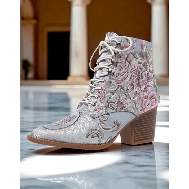 Women's Yellow Jacquard Lace-Up Ankle Boots with Chunky Heels - Late 19th Century Victorian Style Baroque Short Boots for Ladies, Ideal for Fall Outfits, Costume Parties, and Comfortable Walking