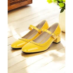 Women's Yellow Mary Jane Block Heel Shoes with Brogue Detailing – 1950sVintage Mid-Heel Pumps for Office, Daily Wear and Spring Outings