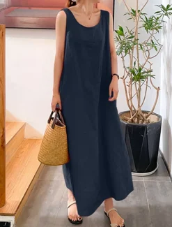 Women's Yellow Pink Red Summer Spring Maxi Dress Cotton Linen Dresses Casual Dress Cotton Summer Dress Basic Casual Vacation Daily Holiday Loose Fit Pure Color Crew Neck