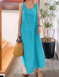 Women's Yellow Pink Red Summer Spring Maxi Dress Cotton Linen Dresses Casual Dress Cotton Summer Dress Basic Casual Vacation Daily Holiday Loose Fit Pure Color Crew Neck