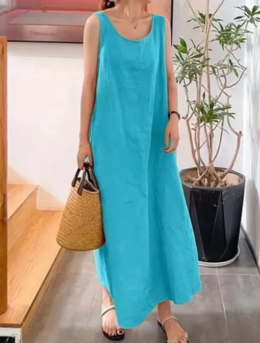 Women's Yellow Pink Red Summer Spring Maxi Dress Cotton Linen Dresses Casual Dress Cotton Summer Dress Basic Casual Vacation Daily Holiday Loose Fit Pure Color Crew Neck