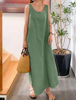 Women's Yellow Pink Red Summer Spring Maxi Dress Cotton Linen Dresses Casual Dress Cotton Summer Dress Basic Casual Vacation Daily Holiday Loose Fit Pure Color Crew Neck