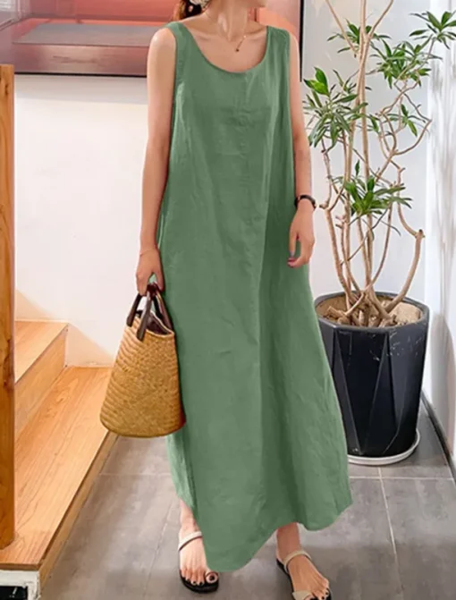 Women's Yellow Pink Red Summer Spring Maxi Dress Cotton Linen Dresses Casual Dress Cotton Summer Dress Basic Casual Vacation Daily Holiday Loose Fit Pure Color Crew Neck