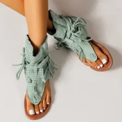 Women's Yellow Suede Lace-Up Gladiator Sandals with Perforated Design, Ideal for Summer Outings and Beach Vacations