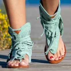 Women's Yellow Suede Lace-Up Gladiator Sandals with Perforated Design, Ideal for Summer Outings and Beach Vacations