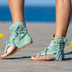 Women's Yellow Suede Lace-Up Gladiator Sandals with Perforated Design, Ideal for Summer Outings and Beach Vacations
