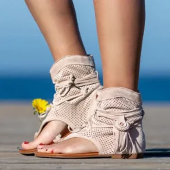 Women's Yellow Suede Lace-Up Gladiator Sandals with Perforated Design, Ideal for Summer Outings and Beach Vacations