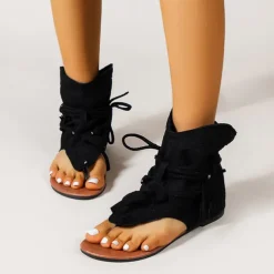 Women's Yellow Suede Lace-Up Gladiator Sandals with Perforated Design, Ideal for Summer Outings and Beach Vacations