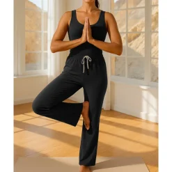 Women's Yoga Jumpsuit Onesie Pocket Henley Pilates Fitness Yoga Camisole Wide Leg Pant Black Blue Green Sports Activewear Micro-elastic