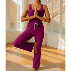 Women's Yoga Jumpsuit Onesie Pocket Henley Pilates Fitness Yoga Camisole Wide Leg Pant Black Blue Green Sports Activewear Micro-elastic