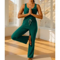 Women's Yoga Jumpsuit Onesie Pocket Henley Pilates Fitness Yoga Camisole Wide Leg Pant Black Blue Green Sports Activewear Micro-elastic