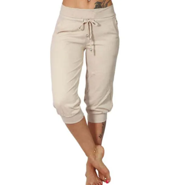 Women's Yoga Pants Drawstring Cropped with Pockets Tummy Control High Waist Yoga Gym Workout Running Capri Pants Bottoms Dark Grey Navy Apricot Cotton Linen Fall Sports Activewear High Elasticity