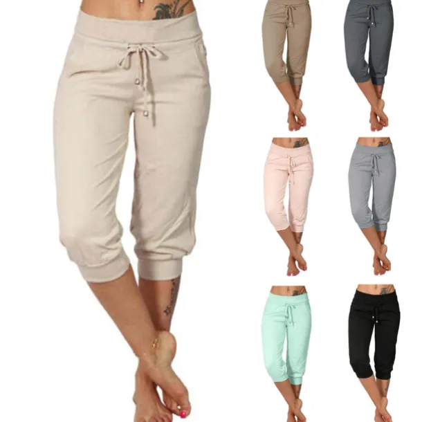 Women's Yoga Pants Drawstring Cropped with Pockets Tummy Control High Waist Yoga Gym Workout Running Capri Pants Bottoms Dark Grey Navy Apricot Cotton Linen Fall Sports Activewear High Elasticity