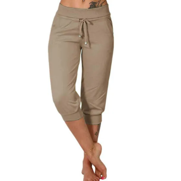 Women's Yoga Pants Drawstring Cropped with Pockets Tummy Control High Waist Yoga Gym Workout Running Capri Pants Bottoms Dark Grey Navy Apricot Cotton Linen Fall Sports Activewear High Elasticity