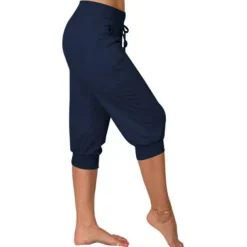 Women's Yoga Pants Drawstring Cropped with Pockets Tummy Control High Waist Yoga Gym Workout Running Capri Pants Bottoms Dark Grey Navy Apricot Cotton Linen Fall Sports Activewear High Elasticity